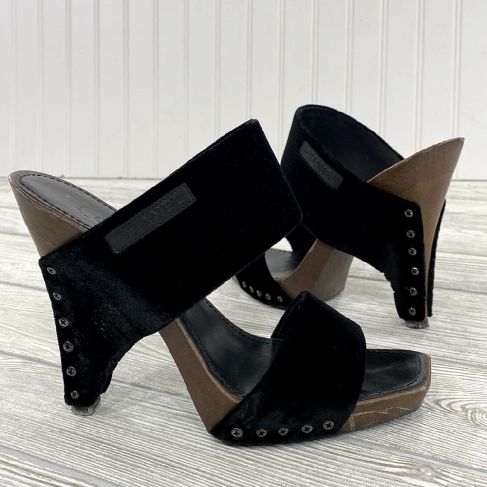 Chanel Black Velvet Heeled Slides with rivets - sz 37